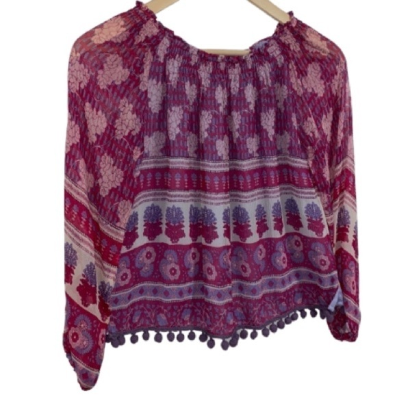 Chaser shirt Pom Pom blouse off the shoulder silk‎ blend boho festive hippie xs - Picture 7 of 7